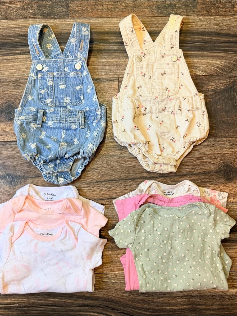 8 piece 3-6 month baby girls bundle of 2 shortalls and 6 onesies